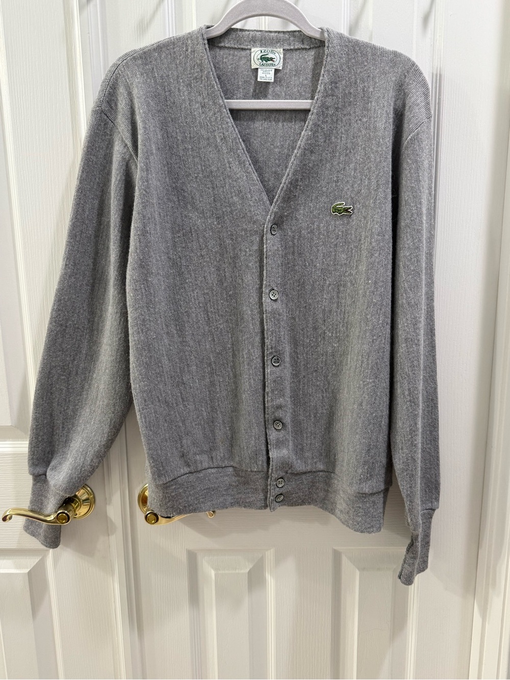 Vintage 80s Izod Lacoste Cardigan Sweater Grey Size Large Orlon Acrylic
